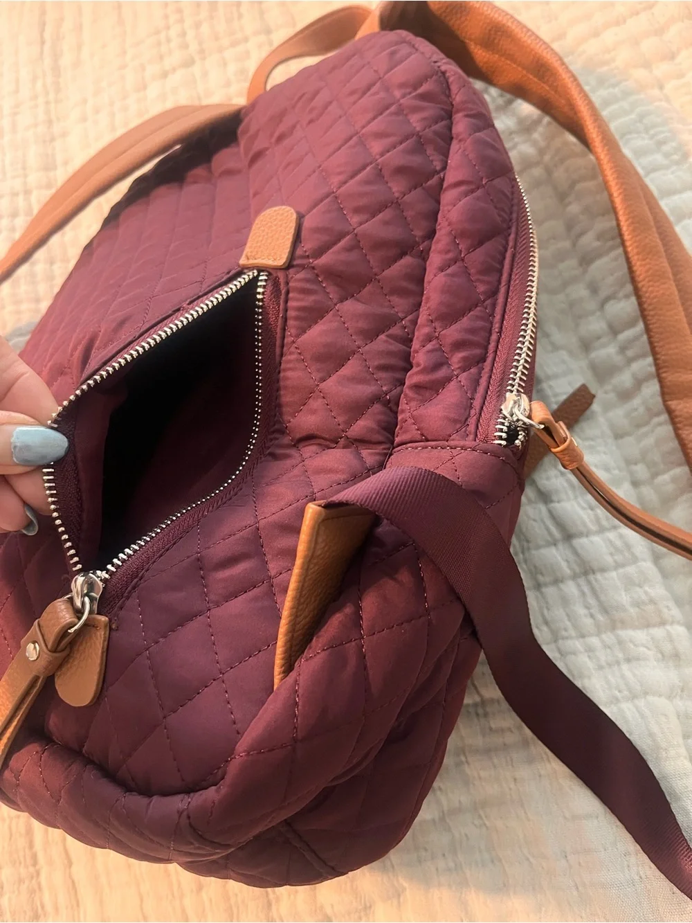 Martha Stewart Quilted Burgundy Backpack with Tan Straps